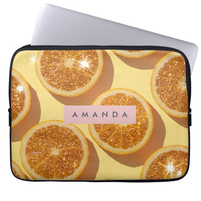 Personalized Sparkle Citrus Glitter Orange Laptop Sleeve (Voorkant)