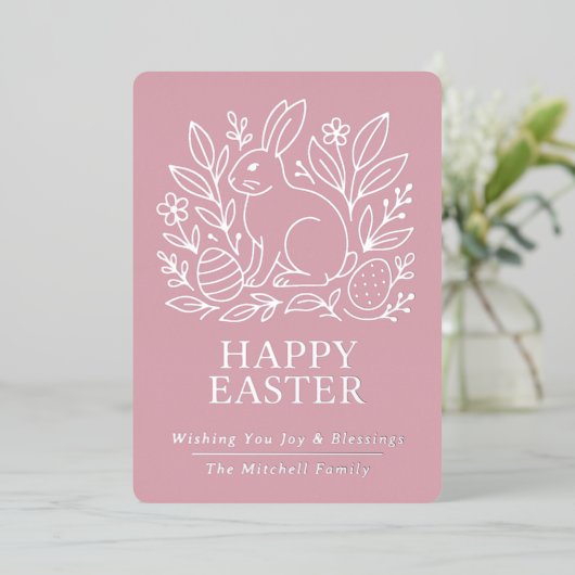 Personalized Spring Easter Bunny Gold Floral Folie Feestdagenkaart (Staand Voorkant)