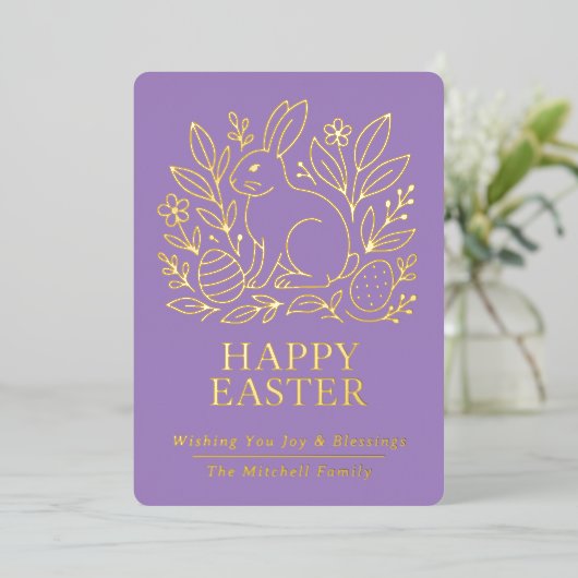 Personalized Spring Easter Bunny Gold Floral Folie Feestdagenkaart (Staand Voorkant)