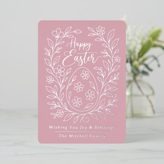 Personalized Spring Easter Egg Silver Floral Foil Folie Feestdagenkaart (Staand Voorkant)