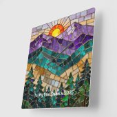 Personalized Stained Glass Mountain Wall Clock Vierkante Klok (Hoek)