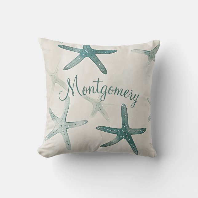 Personalized Starfish Green Beige Coastal Kussen (Voorkant)