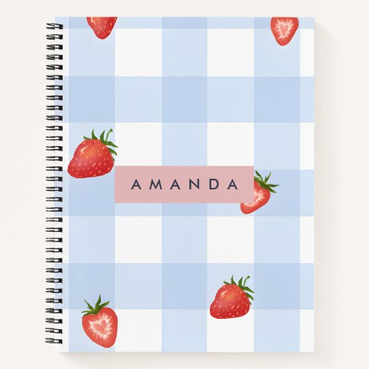 Personalized Strawberry & Blue Gingham Pattern Notitieboek (Voorkant)