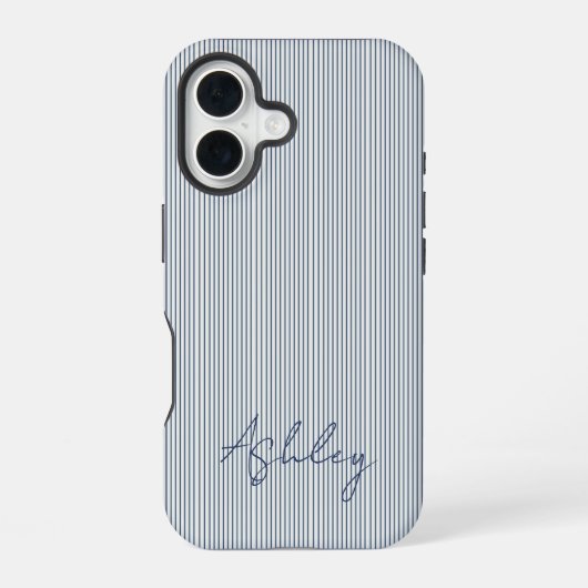 Personalized Striped Blue Tones Minimalist Chic iPhone 16 Hoesje (Achterkant)