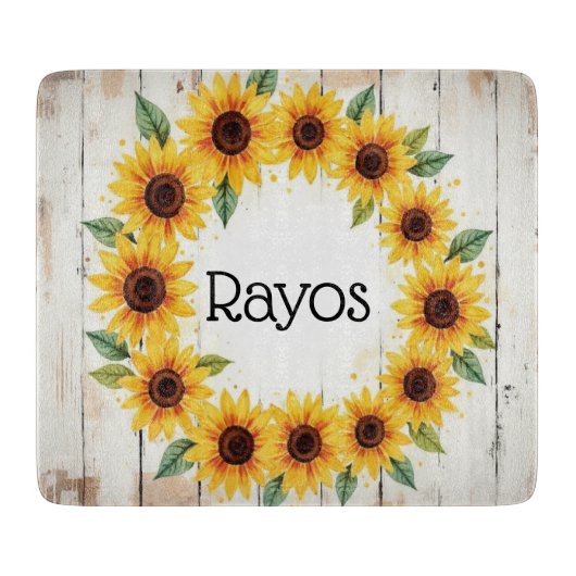Personalized Sunflower Wreath Glass Cutting Board Snijplank (Voorkant)