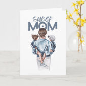 Personalized Super Mom with Son and Daughter Gift Kaart (Gele Bloem)