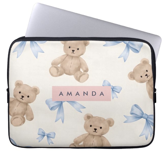 Personalized Teddy Bear & Blue Bow Pattern Laptop Sleeve (Voorkant)