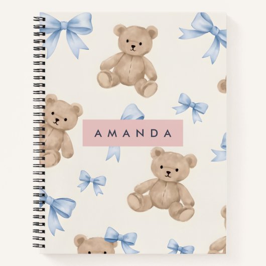 Personalized Teddy Bear & Blue Bow Pattern Notitieboek (Voorkant)