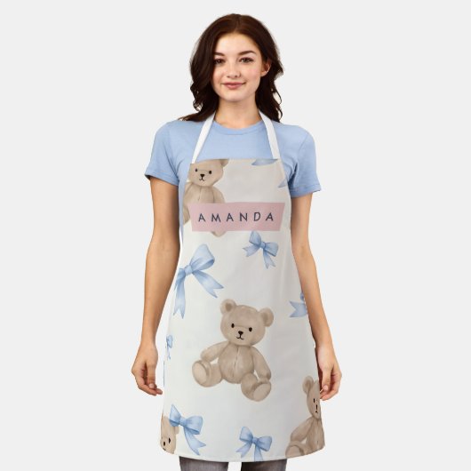 Personalized Teddy Bear & Blue Bow Pattern Schort (Gedragen)