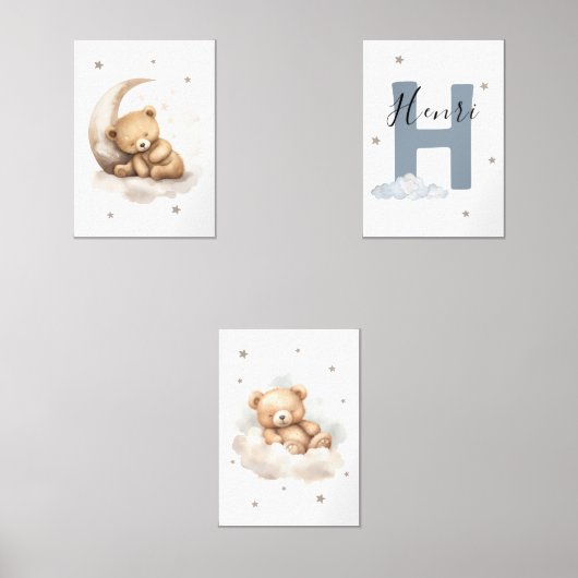 Personalized Teddy Bear Custom Name Nursery Muurkunst Sets (Voorkant)