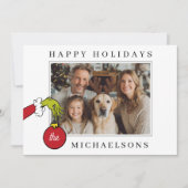 Personalized The Grinch Holding Ornament Photo Feestdagenkaart (Voorkant)
