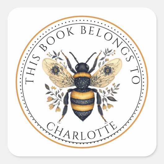 Personalized This Book Belongs To Floral Bee Vierkante Sticker (Voorkant)