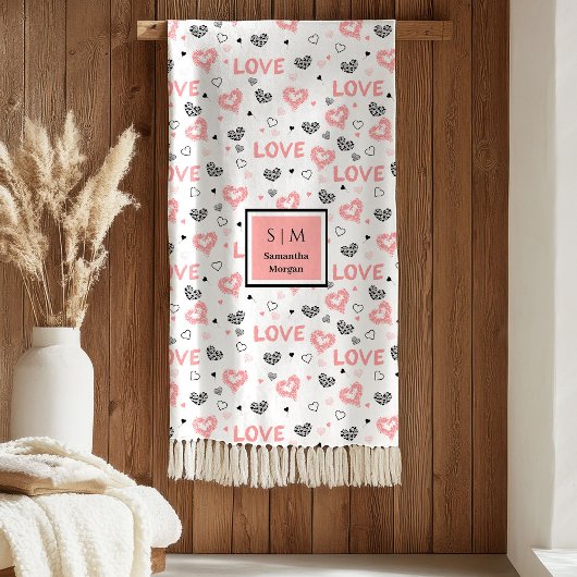 Personalized Valentine Blanket Pink Black Hearts Fleece Deken