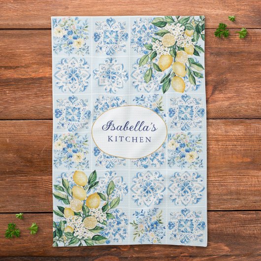 Personalized Watercolor Blue Italian Tile Lemon Theedoek