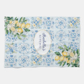 Personalized Watercolor Blue Italian Tile Lemon Theedoek (Horizontaal)