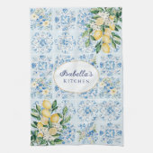 Personalized Watercolor Blue Italian Tile Lemon Theedoek (Verticaal)
