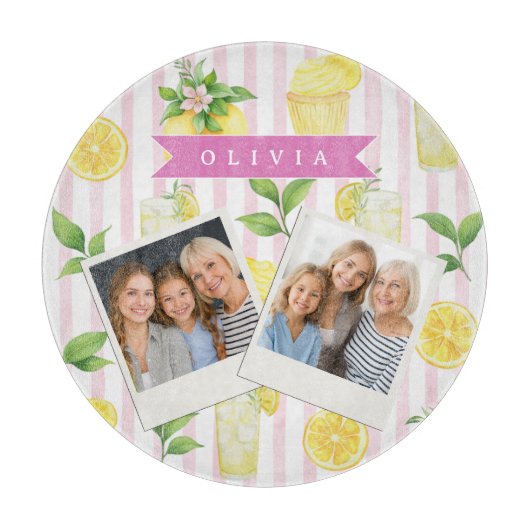 Personalized Watercolor Lemonade Cupcake Stripe Snijplank (Voorkant)