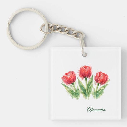 Personalized Watercolor Red Tulips Sleutelhanger (voorkant)