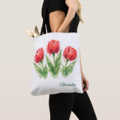 Personalized Watercolor Red Tulips Tote Bag (De près)
