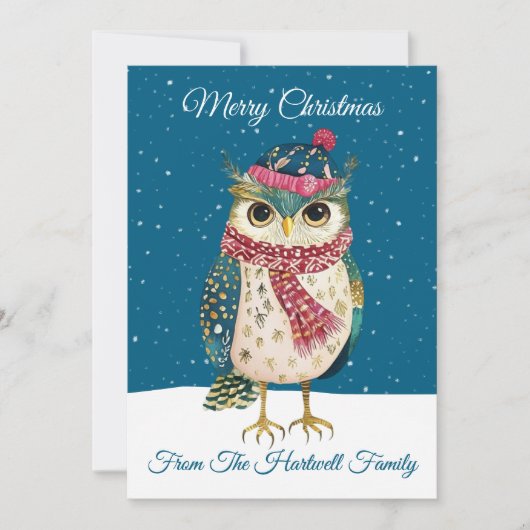Personalized Whimsical Folk Art Style Owl Feestdagenkaart (Voorkant)
