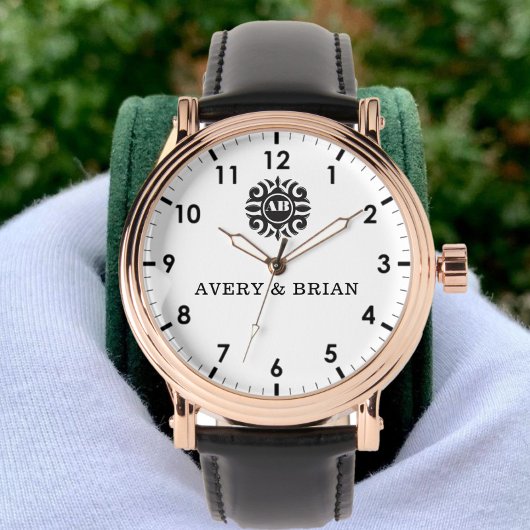 Personalized white black Custom name monogram Horloge