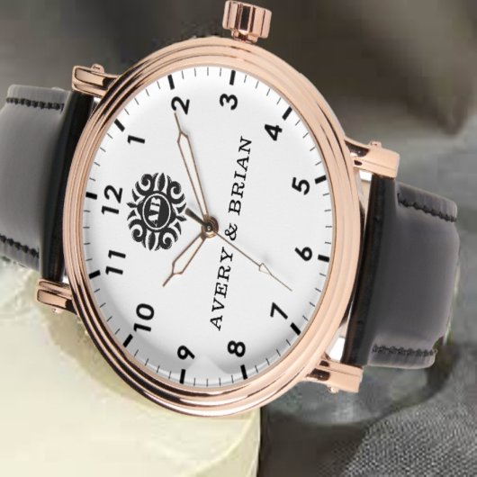 Personalized white black Custom name monogram  Horloge