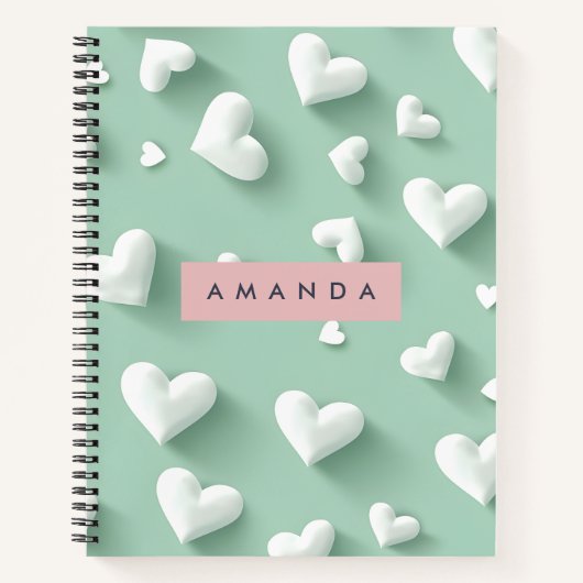 Personalized White Heart Pattern on Mint Notitieboek (Voorkant)