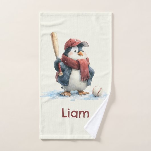 Personalized Winter Penguin Baseball Kid (Serviette à main)