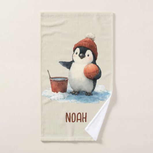 Personalized Winter Penguin Basketball Kid Towel (Serviette à main)