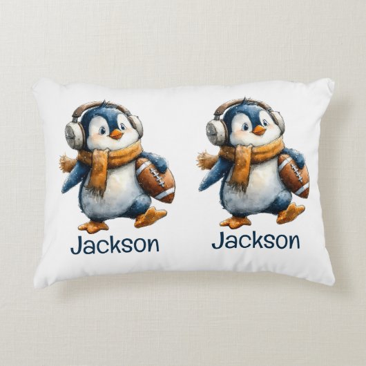 Personalized Winter Penguin Football Kid Accent Kussen (Voorkant)