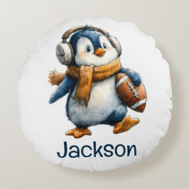 Personalized Winter Penguin Football Kid Rond Kussen
