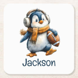Personalized Winter Penguin Football Kid Vierkante Kartonnen Onderzetter