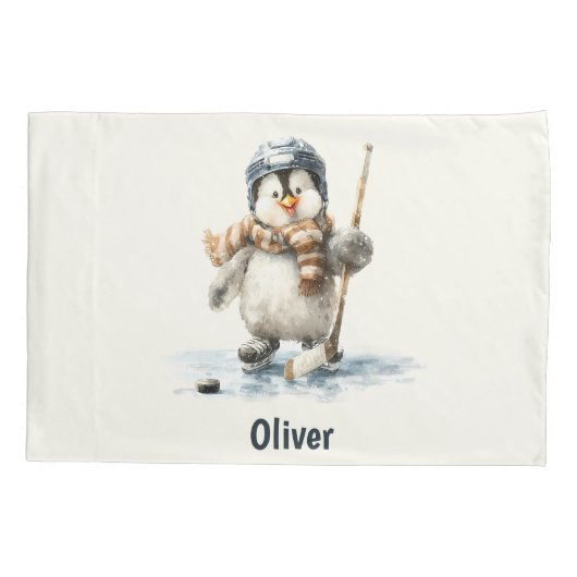 Personalized Winter Penguin Hockey Kid Kussensloop (Achterkant)