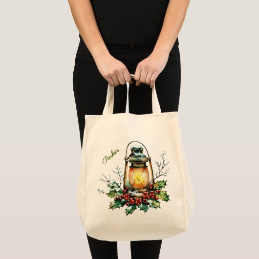 Personalized Winter Watercolor Holly & Berries Tote Bag (Voorkant (product))