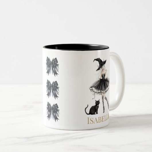 Personalized Witch & Black Cat Mug with Gothic Bow (Devant droit)