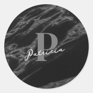 Personalized with Name Initial Marble Black Ronde Sticker