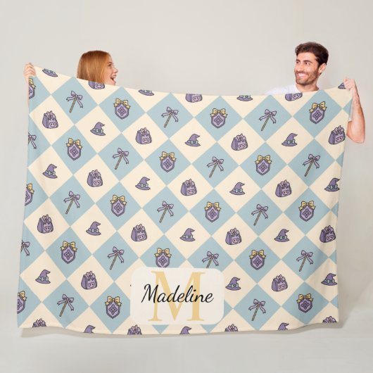 Personalized Wizard School Blue Monogram Name Fleece Deken (In situ)