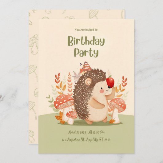 Personalized Woodland Hedgehog Birthday Invitation (Devant / Derrière)
