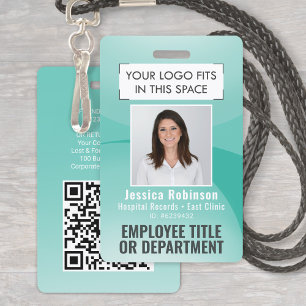 Personeelsfoto ID QR-code Uw logo Teal Blauwe Boog Badge