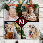 Personnalisé 4 Photo Monogramme Rouge Buffalo Plai<br><div class="desc">Célébrez vos souvenirs préférés avec un ornement de collection photo de monogramme Red Buffalo Plaid personnalisé. Quand vous avez tant de souvenirs et de photos amusants, une seule photo ne suffit pas. Notre Ornement Photo Personnalisé a 4 photos et un centre monogrammed initial et nom pour personnaliser. Cet ornement personnalisé...</div>