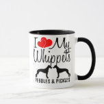 Personnalisé J'Aime Mes Deux Whippets Mug<br><div class="desc">Cette tasse personnalisée "I Love My Whippets" est parfaite pour toute personne qui possède deux chiens Whippet,  il suffit de changer à vos propres noms Whippet avec la boîte fournie.</div>
