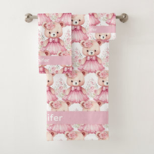 Personnalisé Nom Pink Teddy Bear Jeu de serviettes