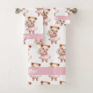 Personnalisé Nom Pink Teddy Bear Jeu de serviettes