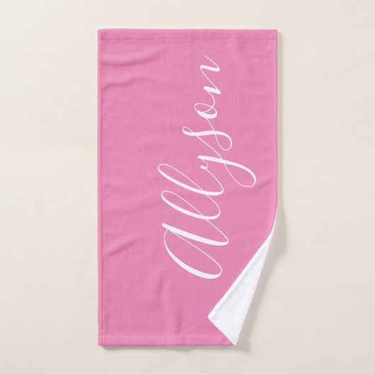 Personnaliser le nom blanc Script vertical, rose (Serviette à main)
