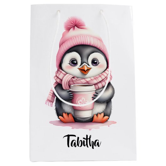 Personnaliser mignon pingouin rose sac cadeau de N (Devant)