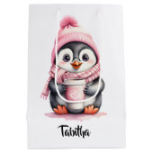 Personnaliser mignon pingouin rose sac cadeau de N (Dos)