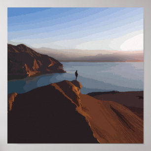 Persoon staat op bruine rockvorming nabij lichaam poster