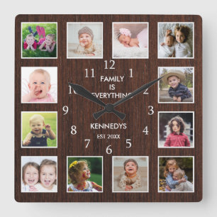 Persoonlijk 12 Foto Collage Dark Brown Wood Vierkante Klok