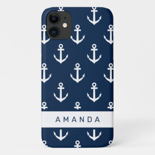 Persoonlijk ankerpatroon in marineblauw iPhone 11 hoesje