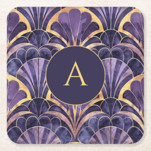 Persoonlijk Art Deco-monogram Elegant Paars Goud Vierkante Kartonnen Onderzetter